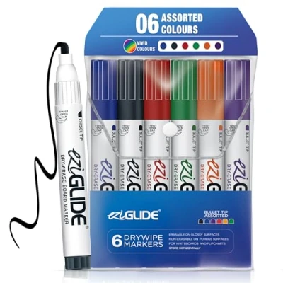 Image of Eziglide 6 Assorted Bullet Tip Whiteboard Pens, Black, Red, Blue, Green, Purple &amp; Orange Markers, Hard wearing Dry Wipe Pens for Whiteboard, Colour White Board Markers Erasable