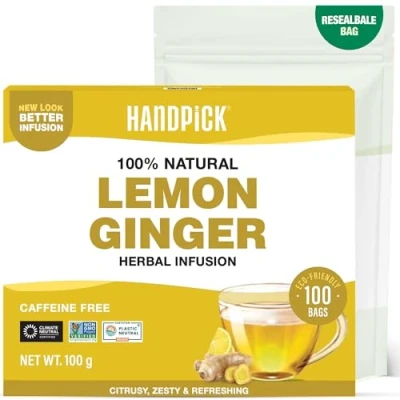 Image of HANDPICK, Lemon Ginger Tea Bags (100 Count) Ingredients Lemon, Ginger, Lemongrass &amp; Licorice Round Eco Conscious Herbal Brew Hot or Cold