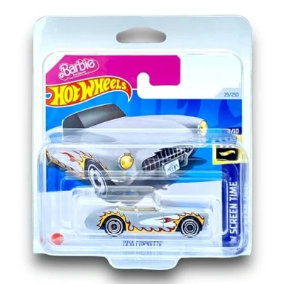 Image of Hot Wheels 1956 Corvette Barbie Movie (Grey &amp; Flames) 3/10 HW Screen Time 2024 29/250 (Short Card) COMES IN A KLAS CAR KEEPER SHORT CARD PROTECTOR CASE HTB37