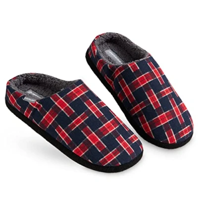 Image of DUNLOP Mens Slippers, Comfy Memory Foam Slippers For Men, Warm Faux Sheepskin Mens, Indoor Outdoor Anti Slip House Shoes, Gifts Men Teenage Boys (Navy/Burgundy, numeric_11)