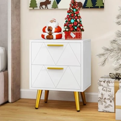 Image of YITAHOME Bedside Table with 2 Drawers, USB Ports and Sockets, Golden Metal Legs Handles, Side Storage Space for Living Room, Bedroom, 40 x 30 52 cm, White
