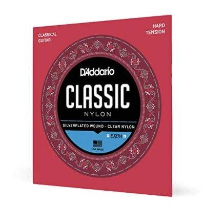 Image of D&#039;Addario Guitar Strings Classic Nylon EJ27H Classical Silver Plated Wrap, Core, Clear Student Trebles Hard Tension, 1 Pack