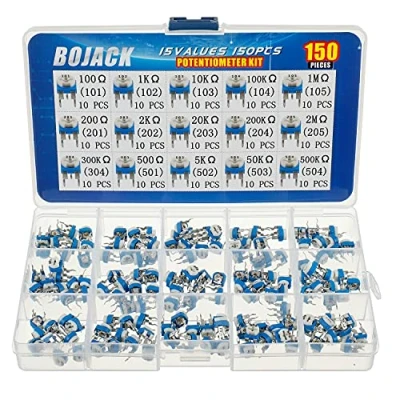 Image of BOJACK 15 Values 150 pcs 100 Ohm 2M Variable Resistor 6mm Potentiometer Assortment Kit packag in a Clear Plastic Box