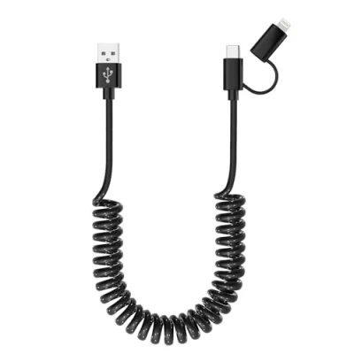 Image of USB to C and Lightning Cable Combo 2 in 1 Coiled Apple Carplay &amp; Android Auto Compatible [MFi 3A Fast Charge Data Sync] for iPhone 15/14/13/12/Android
