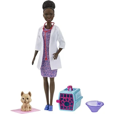 Image of Barbie Pet Vet Playset with Brunette Doll (12 in), Role Play Clothing &amp; Accessories: Cone, Pad, Crate, Puppy Figure, Great Gift for Ages 3 Years Old Up