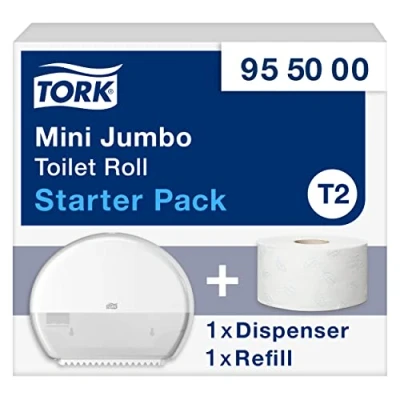 Image of Tork Mini Jumbo Toilet Roll Starter Pack 955000 T2 + Paper Refill (170 metres)