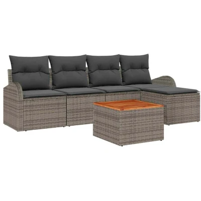 Image of vidaXL 6 Piece Garden Sofa Set with Cushions Grey Poly Rattan Acacia