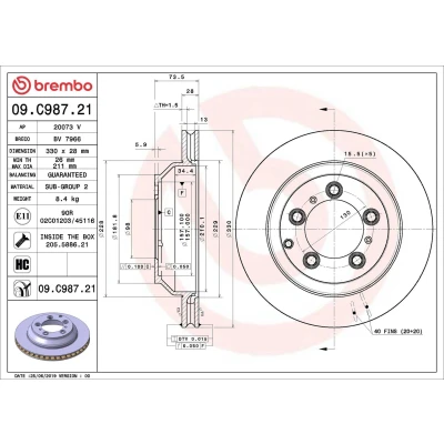 Image of 9Y0615601A, 9Y0615601P Brake disc BREMBO 09.C987.21 330mm 28mm 5 internally vented Coated High carbon PORSCHE: Cayenne