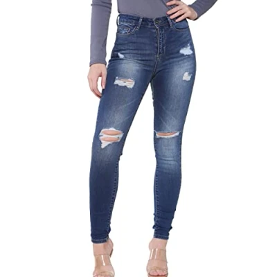 Image of 989Zé ENZO EZL417 Womens Jeans Skinny Stretch Ripped Trousers Ladies Denim Slim Fit Pants with Rips Waist Sizes UK 8 20 (8, Blue)