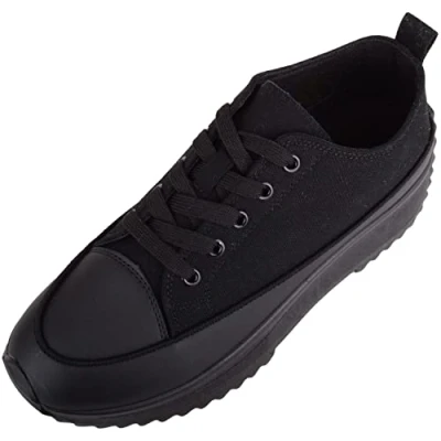 Image of Womens Easy Lace Up Low Top Canvas Chunky Sole Trainers Sneakers Black UK 7