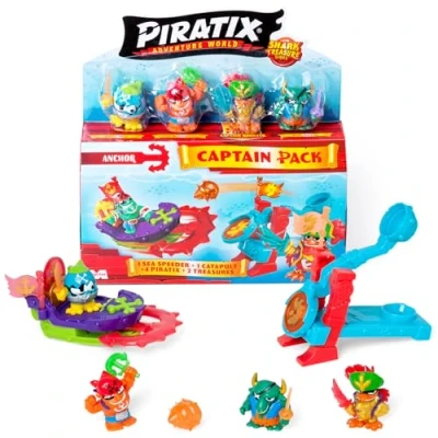 Image of Piratix Shark treasure Series Captain Pack Rooster.Includes 4 (1 golden captain), “crystal accessories,Sea Speeder, Catapult, 2 exclusive flags and with crystal effect. 5/6