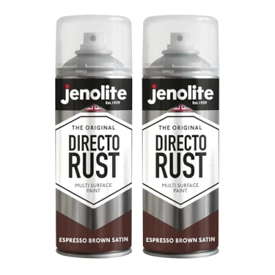 Image of JENOLITE Directorust Spray Paint Satin Finish ESPRESSO BROWN 2 x 400ml Direct To Rust for Metal All In One Multi Surface Metal, Wood, Plastic, Ceramic RAL 8017