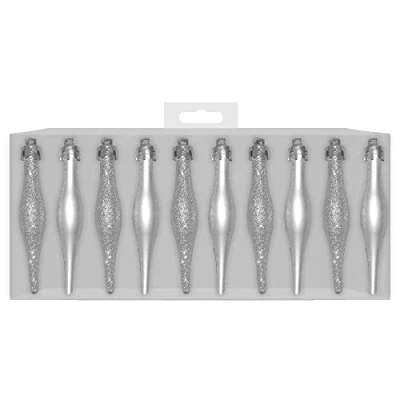 Image of 10 x Silver Christmas Tree Droplet Decorations Mixed Matt &amp; Glitter Finishes