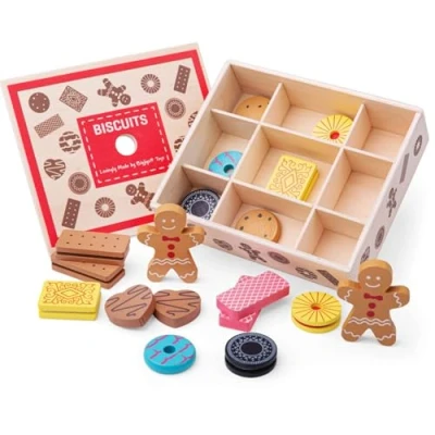 Image of Bigjigs Toys Wooden Box of Biscuits Play Food 9 Assorted Biscuits, Quality Toy for Toddlers &amp; Children, Perfect Kids Kitchen Accessories Tea Parties