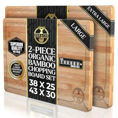 Image of Deer &amp; Oak Premium Wooden Chopping Board 1x Large 38 x 25 2cm XL 45 30 Bamboo Cutting for Carving Meat Boards Kitchens Pre Oiled, Treated, Attractive Wood