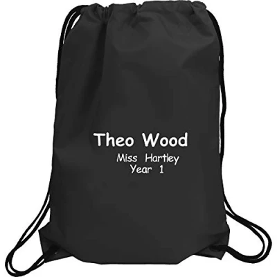 Image of Boy&#039;s Personalised Name, Teacher &amp; School Year Sports PE Drawstring Gym Swimming Bag (Black)