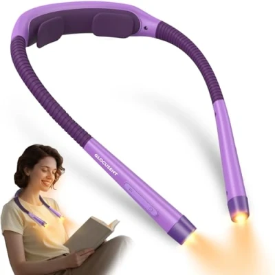 Image of Glocusent Reading Lights for Books in Bed, 1600mAh Neck Light &amp; Book Light: 3 Colors 5 Stepless Brightness, Timers Sleep Aid, Travel Lock, Ergonomic Reading, Knitting Craft (Purple)