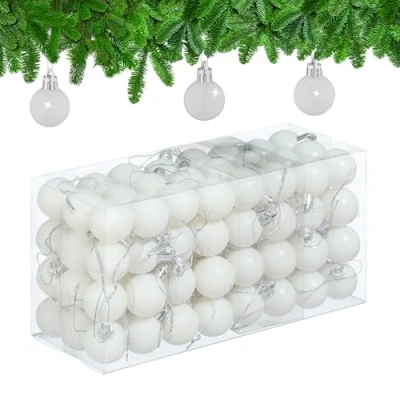 Image of Relaxdays Christmas Baubles Set of 96, Glittering, Matt and Sparkles, Plastic, Traditional Spheres, Decorations, White, 4 x 3 cm
