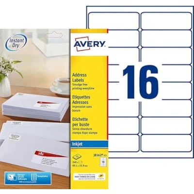 Image of AVERY 240 Custom White Self Adhesive Address Labels Format 99.1 x 33.9 mm Inkjet Printing