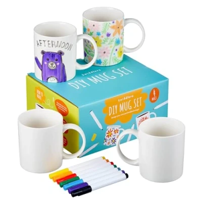 Image of THE TWIDDLERS Decorate Your Own Mug Set, Paint with Colour Pens 4 Mugs Arts &amp; Crafts Pottery Kit for Kids and Adults, Personalised Gift All