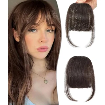 Image of DYbeautyhair Clip in Fringe Bangs 100% Human Hair Extensions Air With Temples Hairpieces Curved For Women Daily Wear (Dark Brown, Neat Bangs)