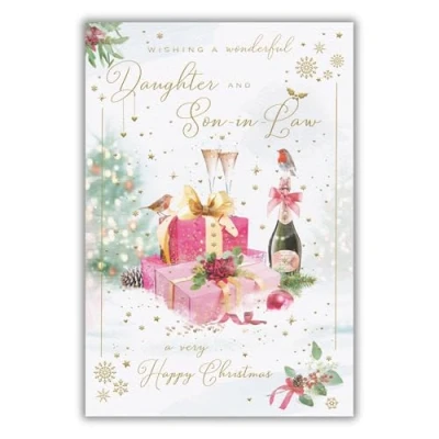 Image of ICG Daughter and Son in Law Christmas Card, Single Cards with an Artistic Champagne Festive Robins Design Special Finishes Xmas Envelope