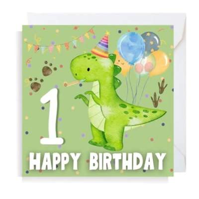 Image of Second Ave Dinosaur 1st Birthday Age 1 Square Children&#039;s Kids Greeting Card for Boy or Girl