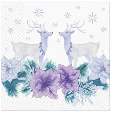 Image of 20 Napkins Christmas Deer on Purple Blossoms as Table Decoration Paper with Motif Also for Decoupage and 33 x cm
