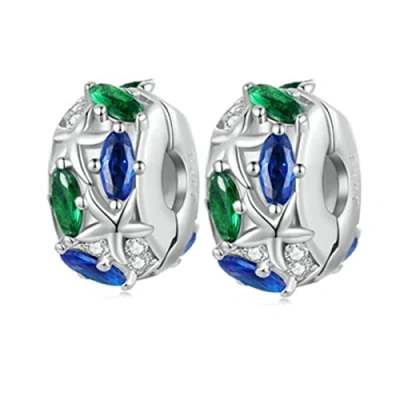 Image of MEETCCY Clip Spacer Charm 925 Sterling Silver Blue White Crystal Lock Stopper Bead for Bracelet,Compatible with European Bracelet Beads (847 2PC)