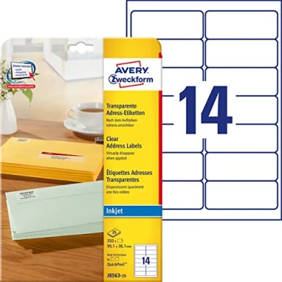 Image of Avery Zweckform J8563 25 Transparent Address Labels 99.1 x 38.1 mm Sheets