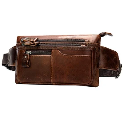 Image of Xieben Vintage Leather Fanny Waist Pack Bum Bag for Men Women Travel Hiking Running Hip Belt Slim Pouch Cell Phone Purse Wallet Brown