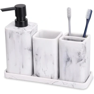 Image of zccz Bathroom Accessory Sets Marble Design 4 Piece Accessories Complete Set Soap Dispenser, Toothbrush Holder, Tray, Tumbler Vanity Countertop Organizer, White