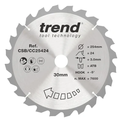 Image of Trend Wood Mitre Saw Blade, 254mm Diameter, 30mm Bore, 24 Teeth, 3mm Kerf, 5 Hook, TCT, Coarse Finish, CSB/CC25424