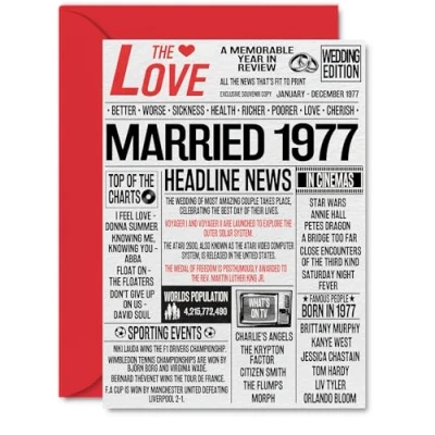 Image of 47th Anniversary Cards for Men Women Married 1977 Newspaper Happy 47 Wedding Card Husband Wife Dad Mum Nan Grandad Vintage Retro 1977, A5 Greeting