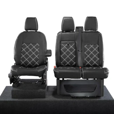 Image of UK Custom Covers To Fit Ford Transit Limited (2013 2023) Tailored Leatherette Front Seat (Single/Double WITH Pull Down Tray) Black SC237BAD32