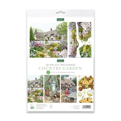 Image of Katy Sue Designs Country Garden 3D Die Cut Decoupage Sheets for Card Making. A Pack of 12 Floral Themed Cuts Making Supplies with Cottages, Gardening, Wheelbarrow, and Flowers.