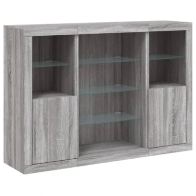 Image of vidaXL Modern Concrete Grey Engineered Wood Sideboards with LED Lights 3 Piece Set, Ample Storage, Decor Display Function