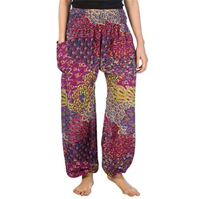 Image of Lofbaz Harem Pants for Women Yoga Boho Hippie Clothing Palazzo Bohemian Beach Trousers Maternity Pajama Indian Gypsy Travel Clothes Peacock 3 Pink M