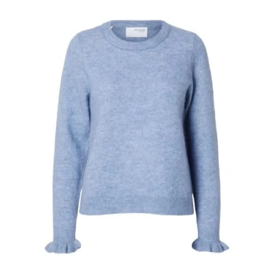 Image of SELECTED FEMME Women&#039;s Slflulu Ls Knit Frill Cuff O Neck Noos Jumper, Endless Sky/Detail: Melange, S