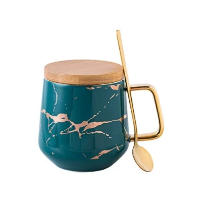 Image of Eplze YBK Tech Porcelain Tea Cup Coffee Mug Set for Afternoon Marble Pattern (Green, Tall 400ml + Wood lid)