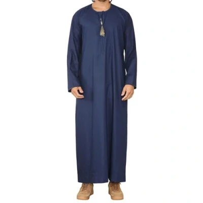 Image of Infinity Leather Mens Blue Thobe Jubba Saudi Islamic Arab Eid Emirati Kaftan Jubbah Tassel Robe