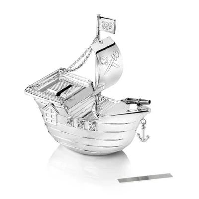 Image of Zilverstad 6179261 Piggy Bank Pirate Ship Design Tarnish Resistant 13.5 x 6.5 15.5 cm Silver Plated