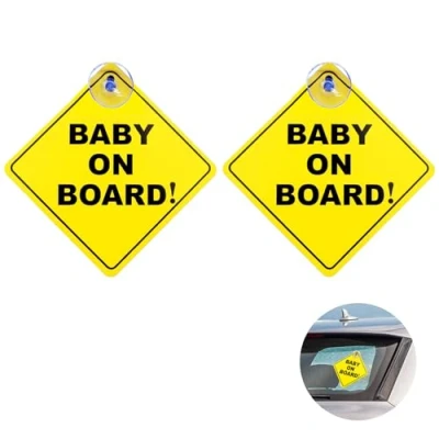 Image of 2 Pcs Baby on Board Car Warning Sign for with Suction Cups Sticker Durable, Reusable, Waterproof Safety Sign, Yellow
