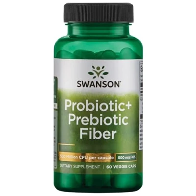 Image of Swanson, Probiotic + Prebiotic Fibre, Bifidobacterium Lactis and Fructooligosaccharides, 500 Million CFU, 60 Vegan Cpsules, Lab Tested, Soy Free, Gluten GMO Free