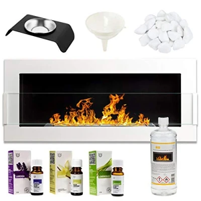 Image of GMT Bioethanol Eco Smokeless Fireplace White 90x40cm with Protective Glass Indoor Decorative Wall mounted or recessed Fire Heater Chimney Easy to Mount Bio Liquid Fuel &amp; Stones Aroma Oils