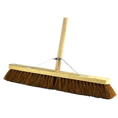 Image of Natural Soft Bristle Broom Coco Brush With Handle 24&quot; Indoor &amp; Outdoor Sweeping Cleaning