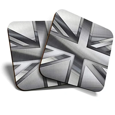 Image of Great Coasters (Set of 2) Square/Glossy Quality Coasters/Tabletop Protection for Any Table Type Silver Metallic Union Jack Flag #21865