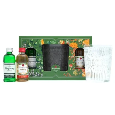 Image of Tanqueray Gin Gifts Includes London Dry 5cl, Flor de Sevilla Orange Distilled 1x Official Tumbler Glass Flavoured Gift Set