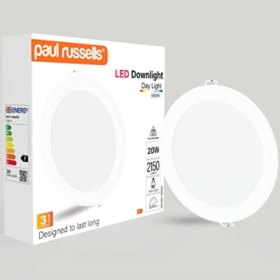 Image of paul russells LED Ceiling Downlights, 20W Slim Recessed Bathroom Kitchen Ceilings, 2150 Lumens, 6500K Bright Daylight, Cutout 170 180mm, Round Non Dimmable Panel Spotlights, 1 Pack