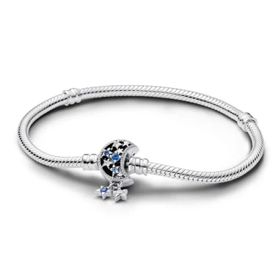 Image of Pandora Moments Snake chain sterling silver bracelet with moon clasp stellar blue crystal and clear cubic zirconia, 20